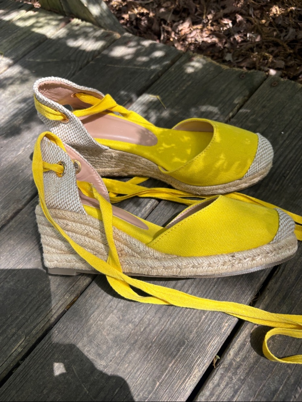 Yellow and Beige Espadrille Wedge Tie Sandals - Women - Picture 2 of 6